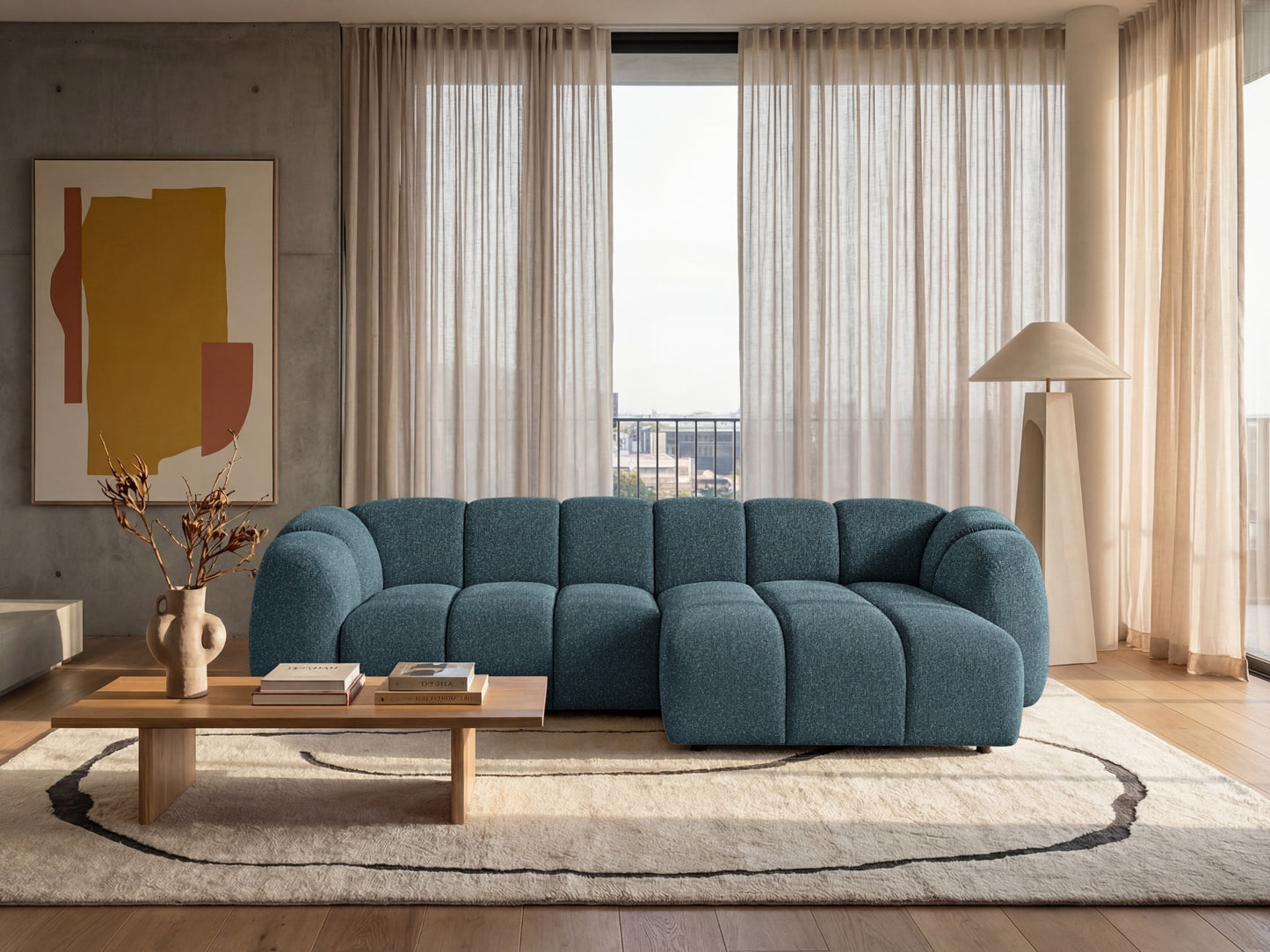 Narożna sofa Mali Design 280 x 150 cm w kształcie litery L - Puf po prawej stronie