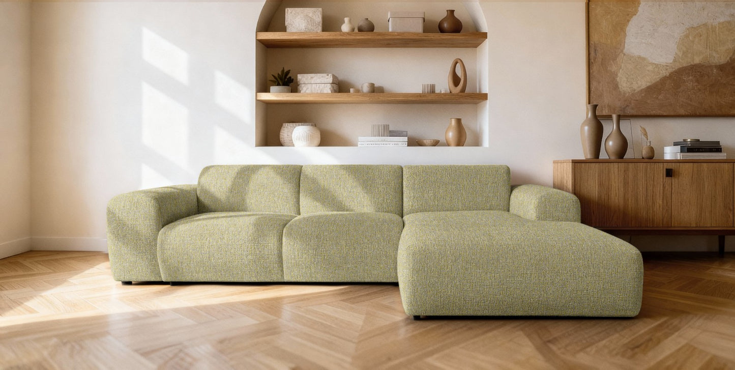 Designowa sofa narożna GIN 310 x 192 cm | Półokrągła podnóżka po prawej stronie