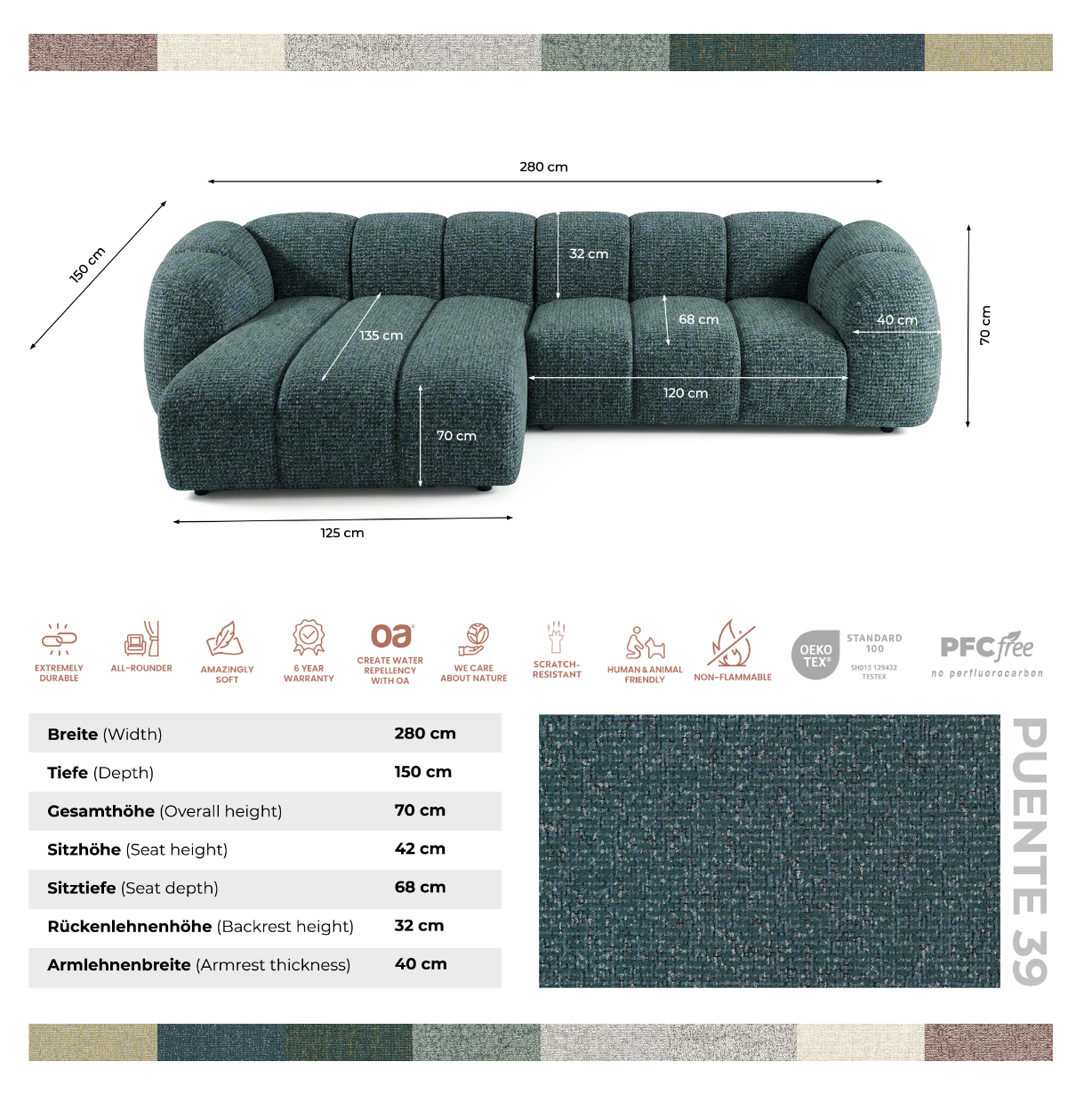 Narożna sofa Mali Design 280 x 150 cm w kształcie litery L - Puf po lewej stronie