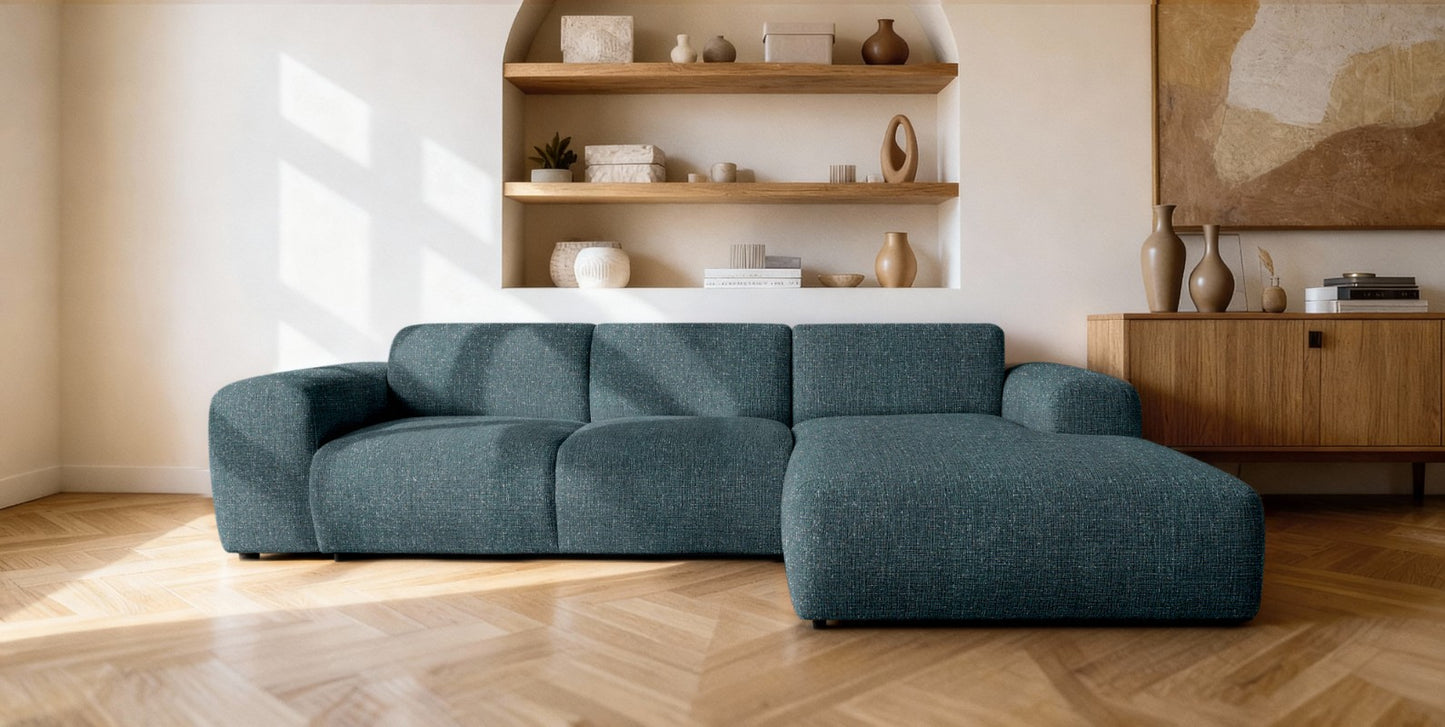 Designowa sofa narożna GIN 310 x 192 cm | Półokrągła podnóżka po prawej stronie