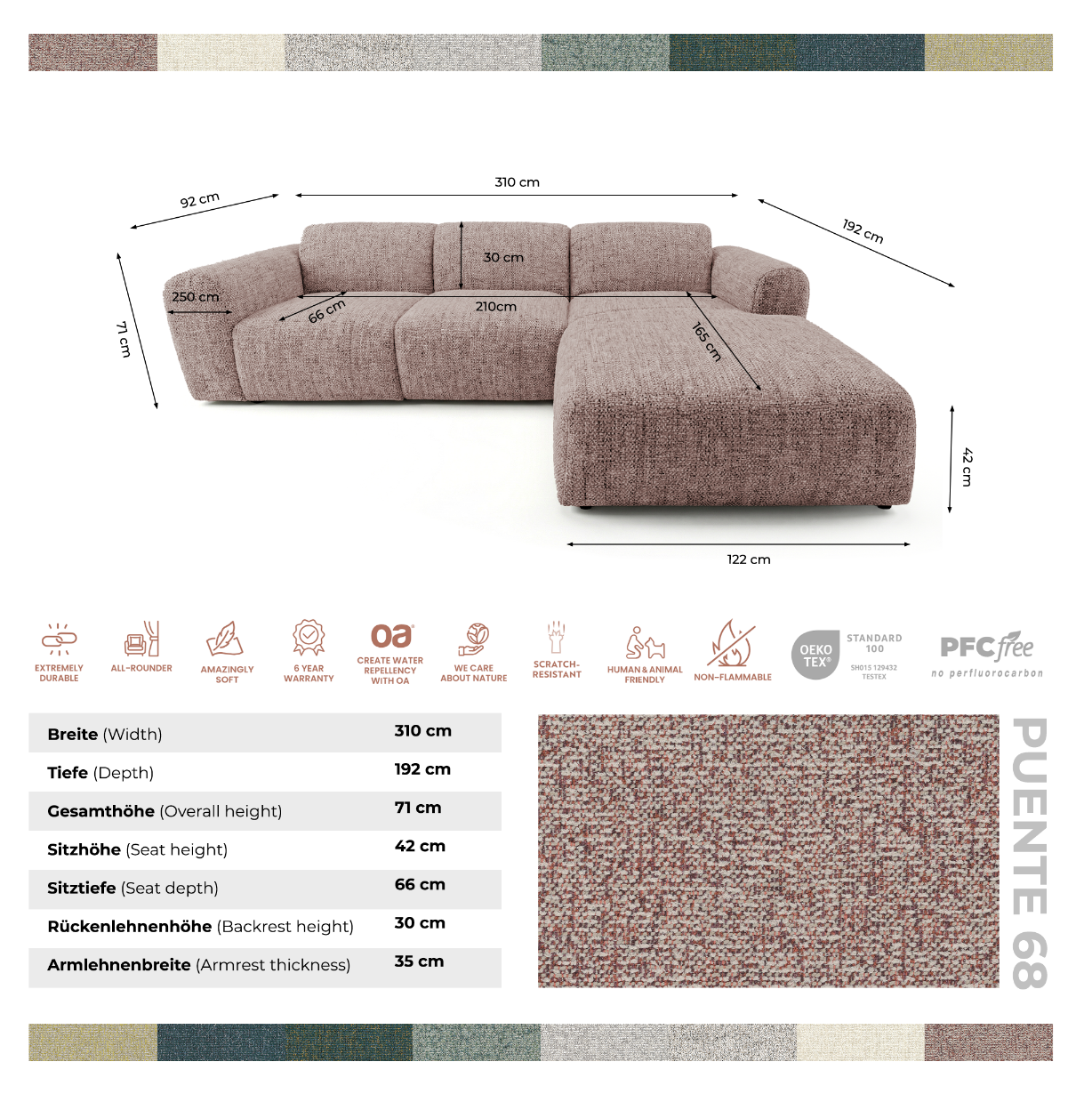 Designowa sofa narożna GIN 310 x 192 cm w kształcie litery L, pufa po lewej stronie