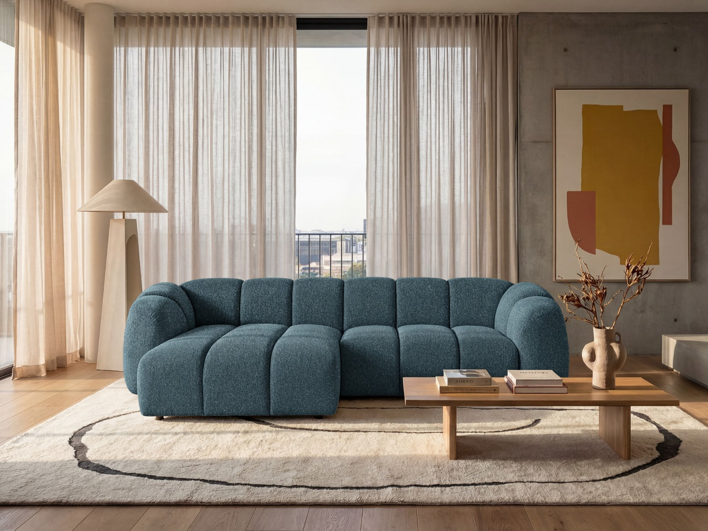 Narożna sofa Mali Design 280 x 150 cm w kształcie litery L - Puf po lewej stronie