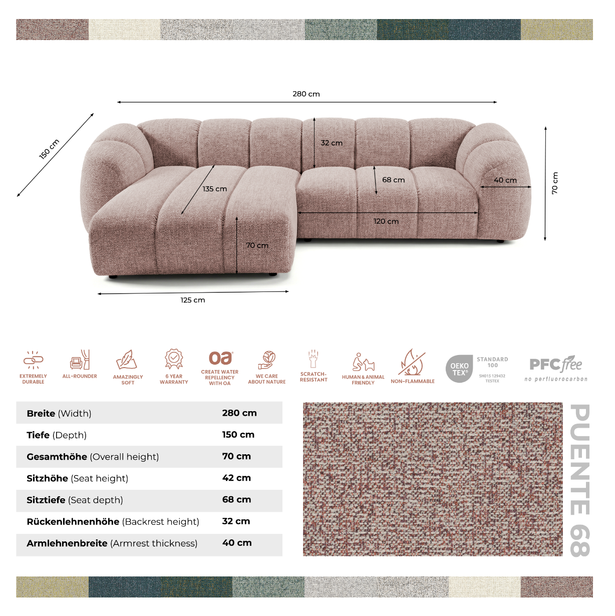 Narożna sofa Mali Design 280 x 150 cm w kształcie litery L - Puf po lewej stronie