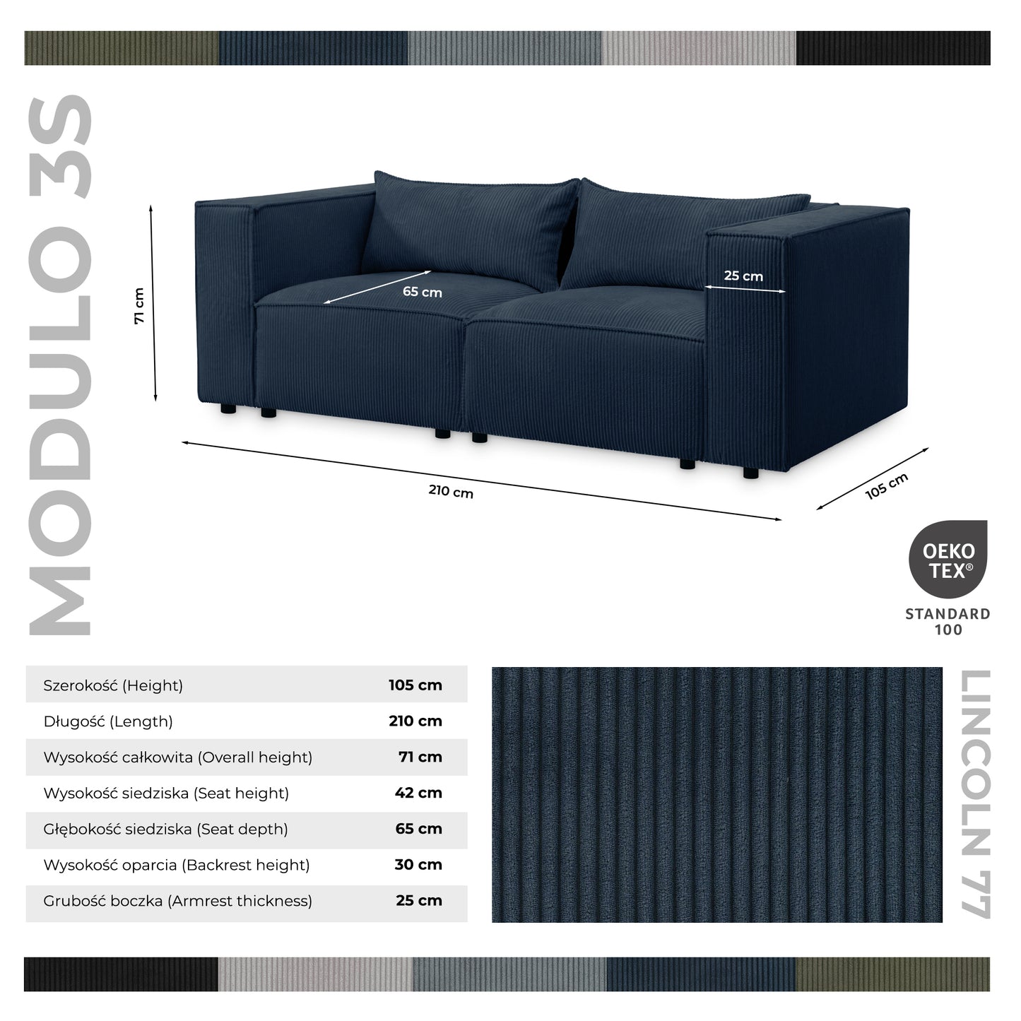 Sofa MODULO 3S 210 x 105 cm Lincoln Czarny 100 – Nowoczesny styl wypoczynkowy