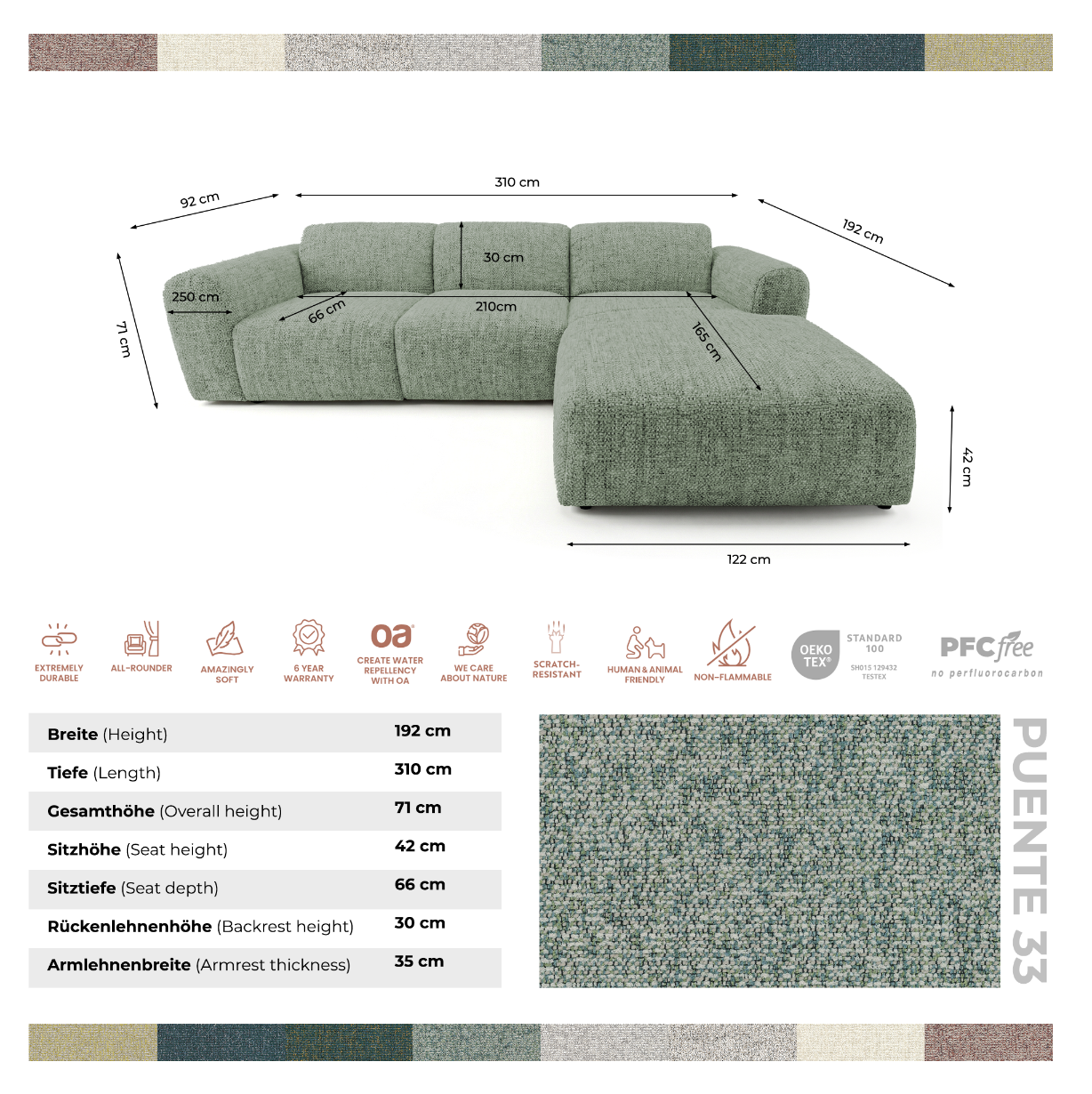 Designowa sofa narożna GIN 310 x 192 cm | Półokrągła podnóżka po prawej stronie