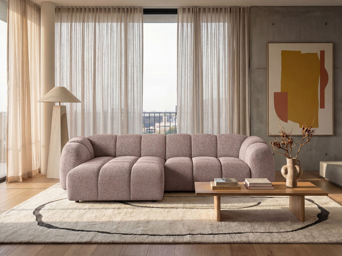 Narożna sofa Mali Design 280 x 150 cm w kształcie litery L - Puf po lewej stronie