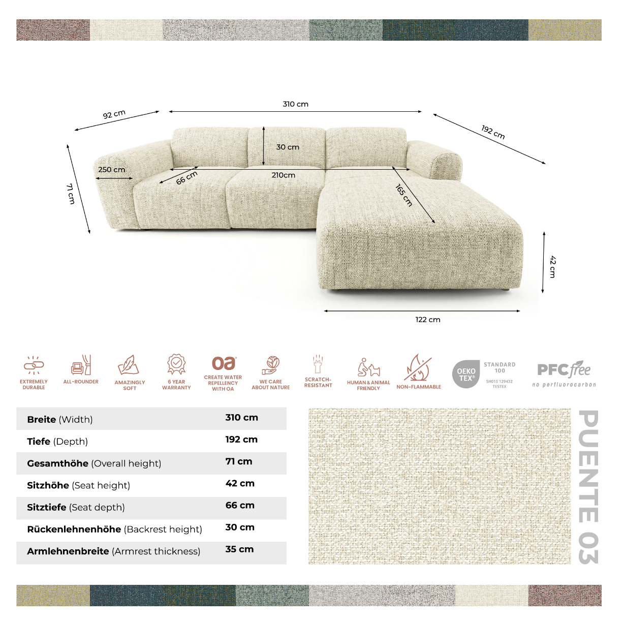 Designowa sofa narożna GIN 310 x 192 cm w kształcie litery L, pufa po lewej stronie