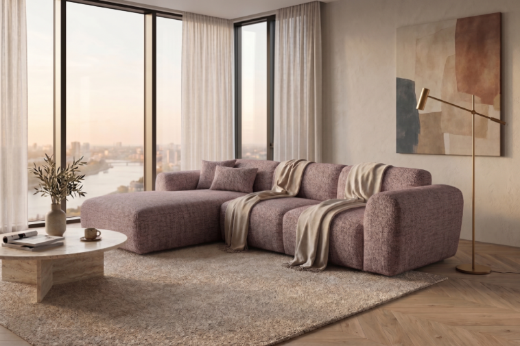 Designowa sofa narożna GIN 310 x 192 cm w kształcie litery L, pufa po lewej stronie