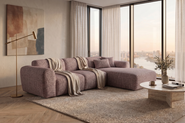 Designowa sofa narożna GIN 310 x 192 cm | Półokrągła podnóżka po prawej stronie